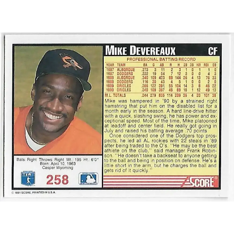 1991 Score #258 Mike Devereaux UER NM-MT Baltimore Orioles Baseball Card - Baseball Card Single