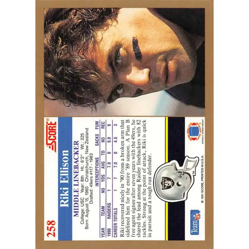 1991 Score #258 Riki Ellison EX Excellent Los Angeles Raiders Football Card - Football Card Single