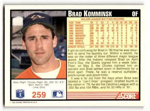 Original gloss 1991 Score Brad Komminsk Baltimore Orioles baseball card featuring Komminsk Baltimore Orioles