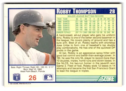 1991 Score #26 Robby Thompson NM Near Mint Giants ID:73099 - Baseball Card Single