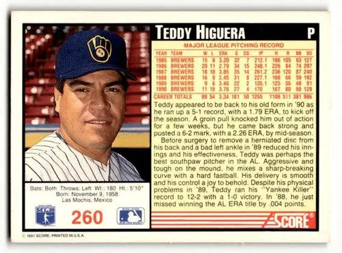 Original gloss Teddy Higuera Milwaukee baseball card 1991 Score #260 Higuera Milwaukee Brewers