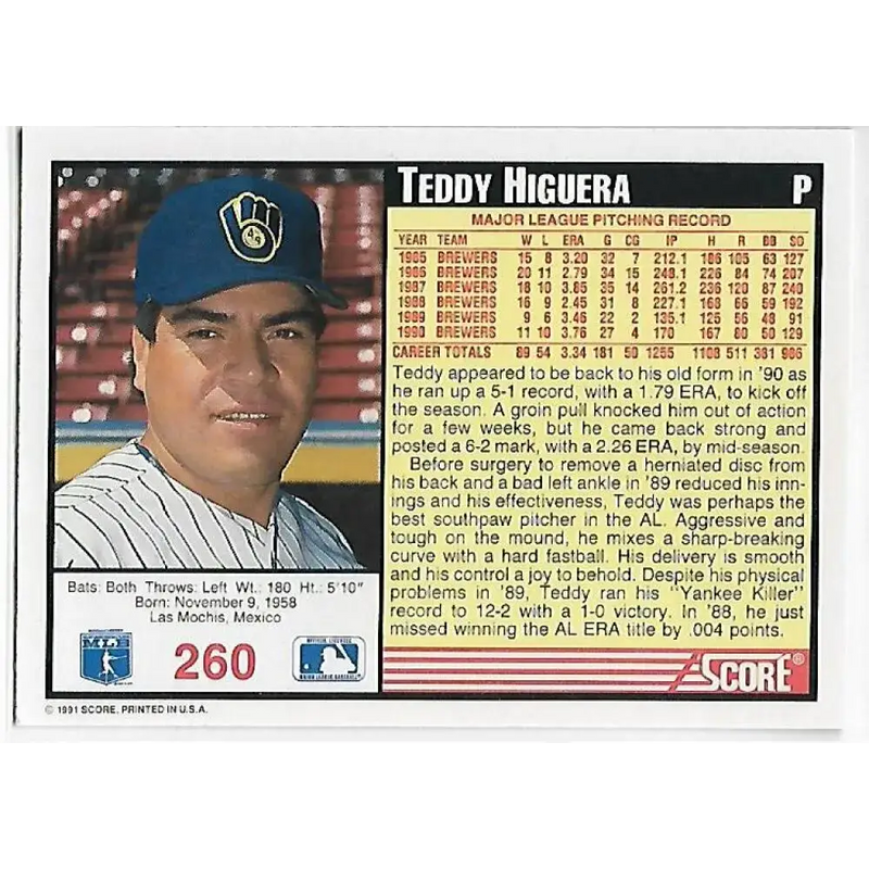 1991 Score #260 Teddy Higuera NM-MT Milwaukee Brewers Baseball Card - Baseball Card Single