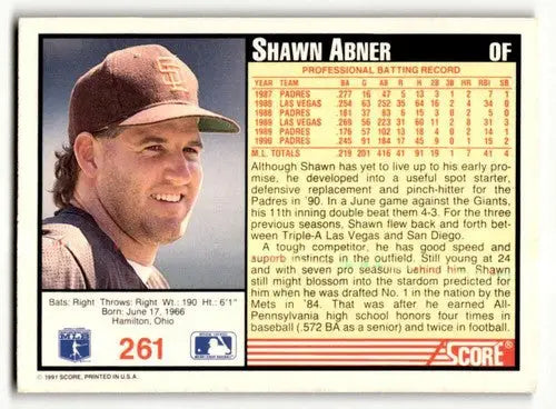 1991 Score #261 Shawn Abner San Diego Padres Baseball Cards EX/NM ID:55167 - Baseball Card Single