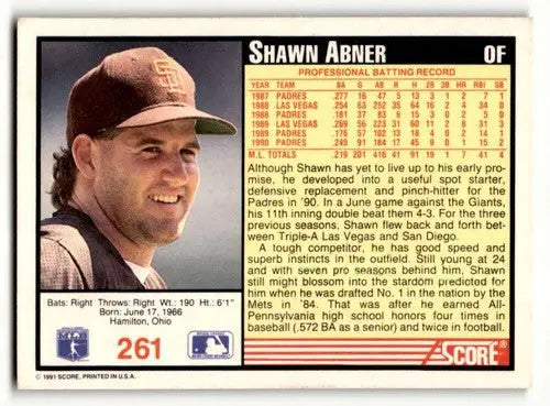 1991 Score #261 Shawn Abner San Diego Padres Baseball Cards EX/NM ID:55164 - Baseball Card Single