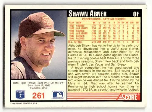 Shawn Abner San Diego Padres baseball card from 1991 Score #261 showing Abner San Diego Padres player