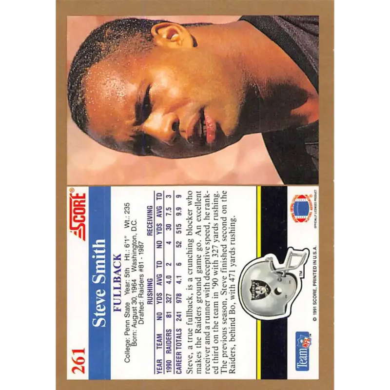 1991 Score #261 Steve Smith EX Excellent Los Angeles Raiders Football Card - Football Card Single