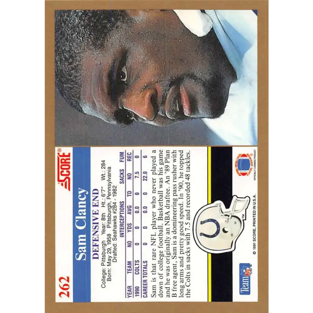 1991 Score #262 Sam Clancy EX Excellent Indianapolis Colts Football Card - Football Card Single