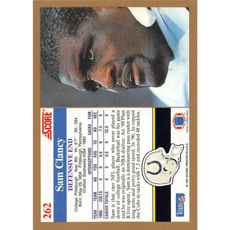 1991 Score #262 Sam Clancy EX Excellent Indianapolis Colts Football Card - Football Card Single