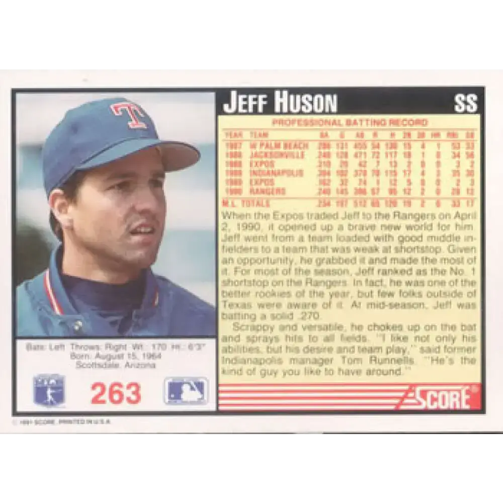 1991 Score #263 Jeff Huson NM-MT Texas Rangers Baseball Card - Baseball Card Single