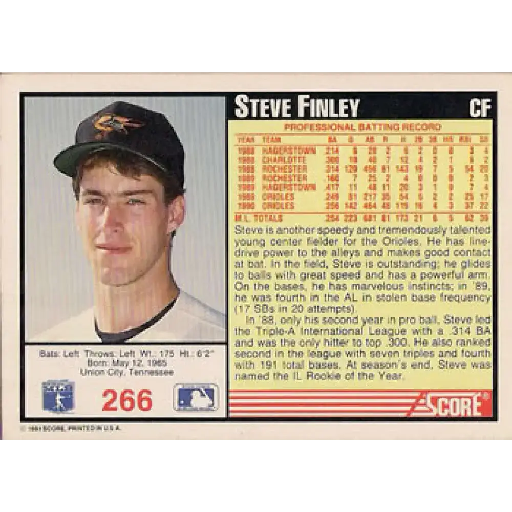1991 Score #266 Steve Finley NM-MT Baltimore Orioles Baseball Card - Baseball Card Single