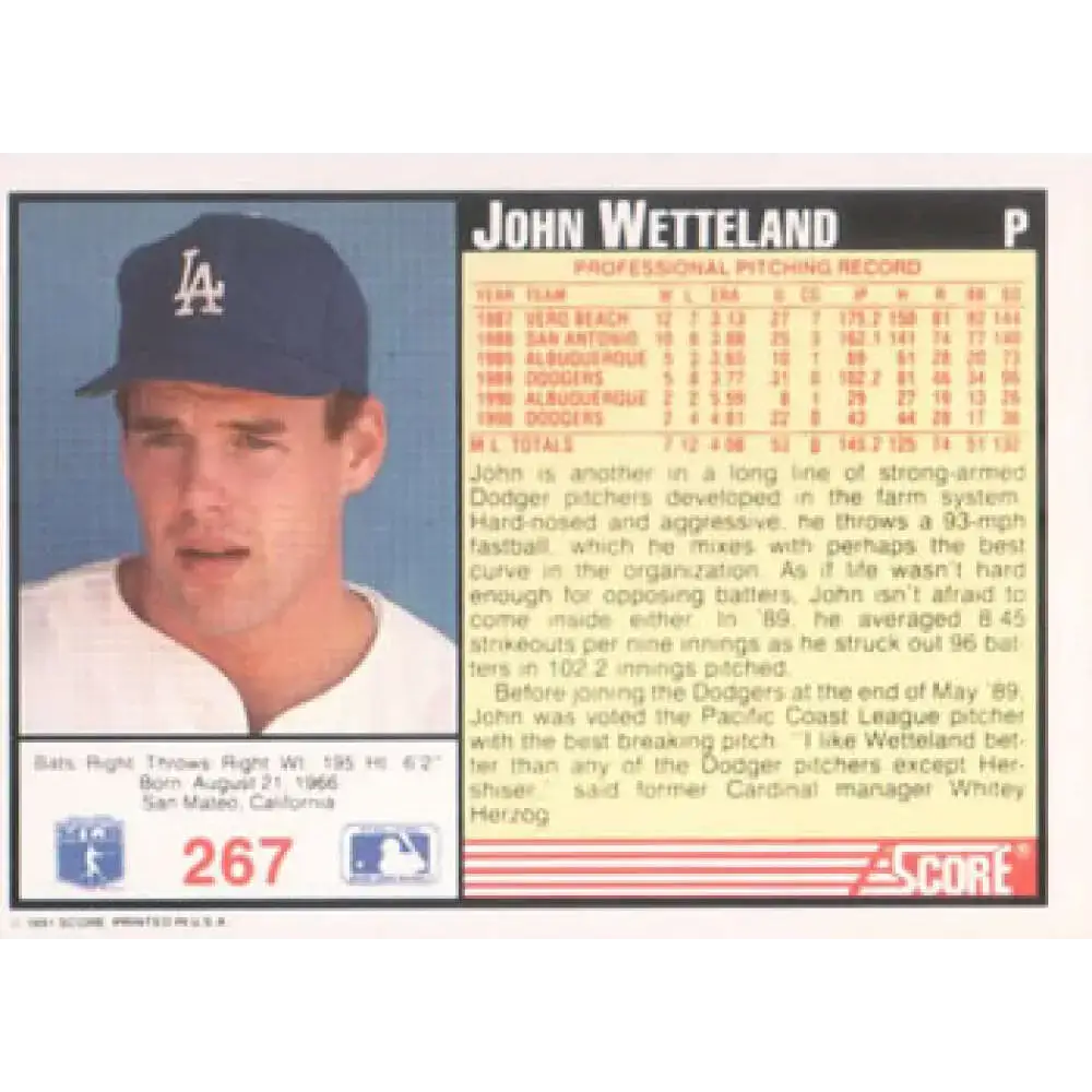 1991 Score #267 John Wetteland NM-MT Los Angeles Dodgers Baseball Card - Baseball Card Single