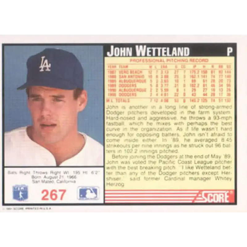 1991 Score #267 John Wetteland NM-MT Los Angeles Dodgers Baseball Card - Baseball Card Single