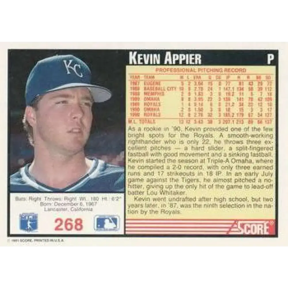 1991 Score #268 Kevin Appier NM-MT Kansas City Royals Baseball Card - Baseball Card Single