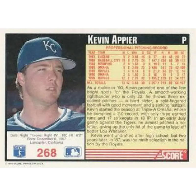 1991 Score #268 Kevin Appier NM-MT Kansas City Royals Baseball Card - Baseball Card Single
