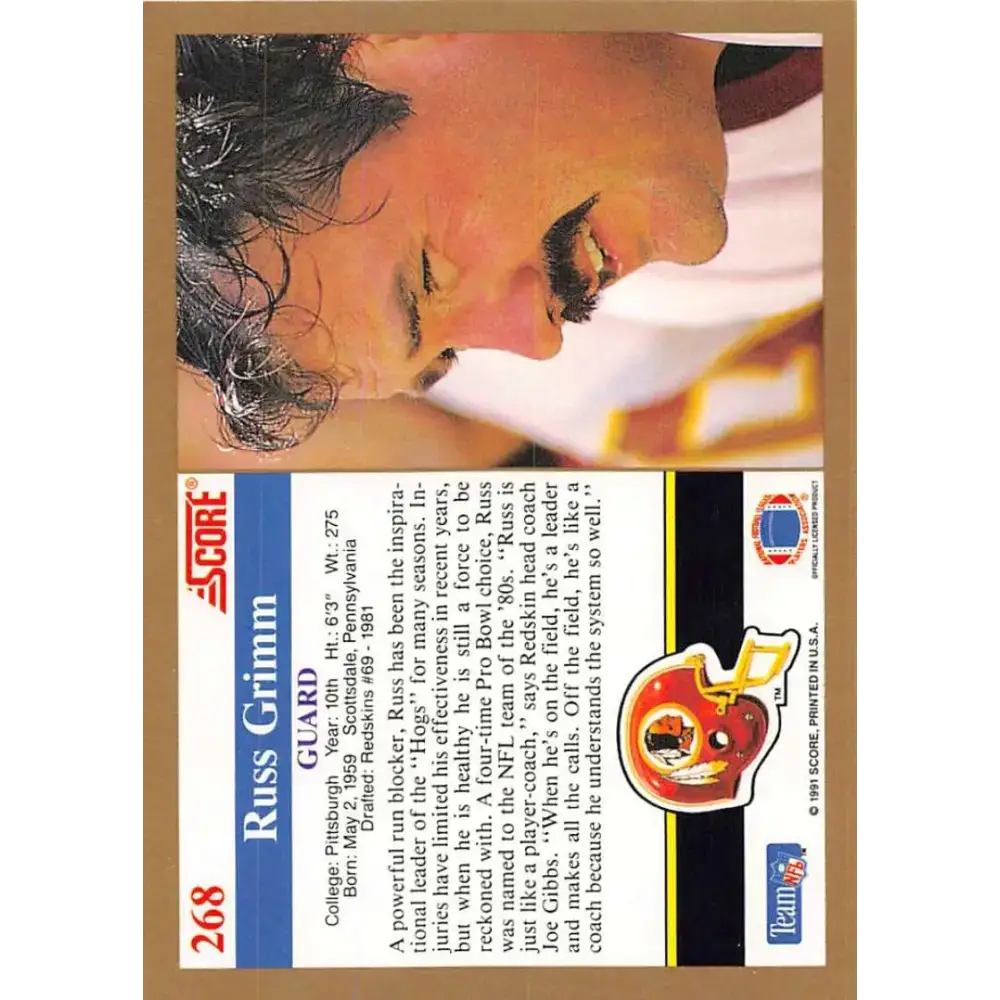 1991 Score #268 Russ Grimm EX Excellent Washington Redskins Football Card - Football Card Single