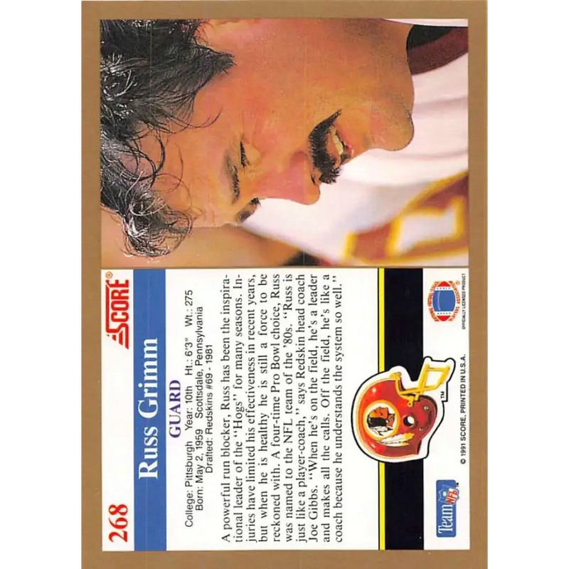 1991 Score #268 Russ Grimm EX Excellent Washington Redskins Football Card - Football Card Single