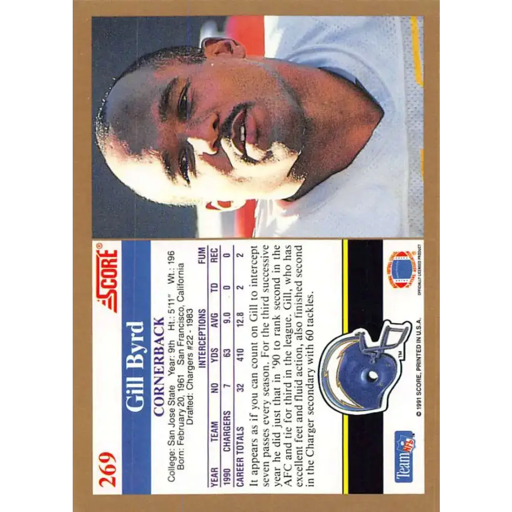 1991 Score #269 Gill Byrd EX Excellent San Diego Chargers Football Card - Football Card Single