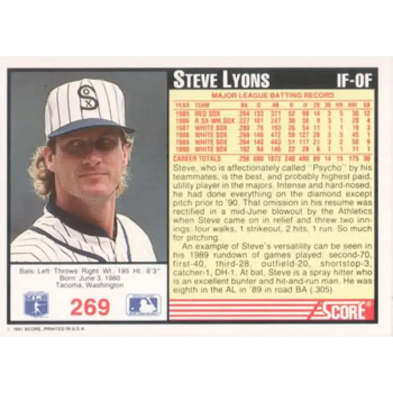 1991 Score #269 Steve Lyons NM-MT Chicago White Sox Baseball Card - Baseball Card Single