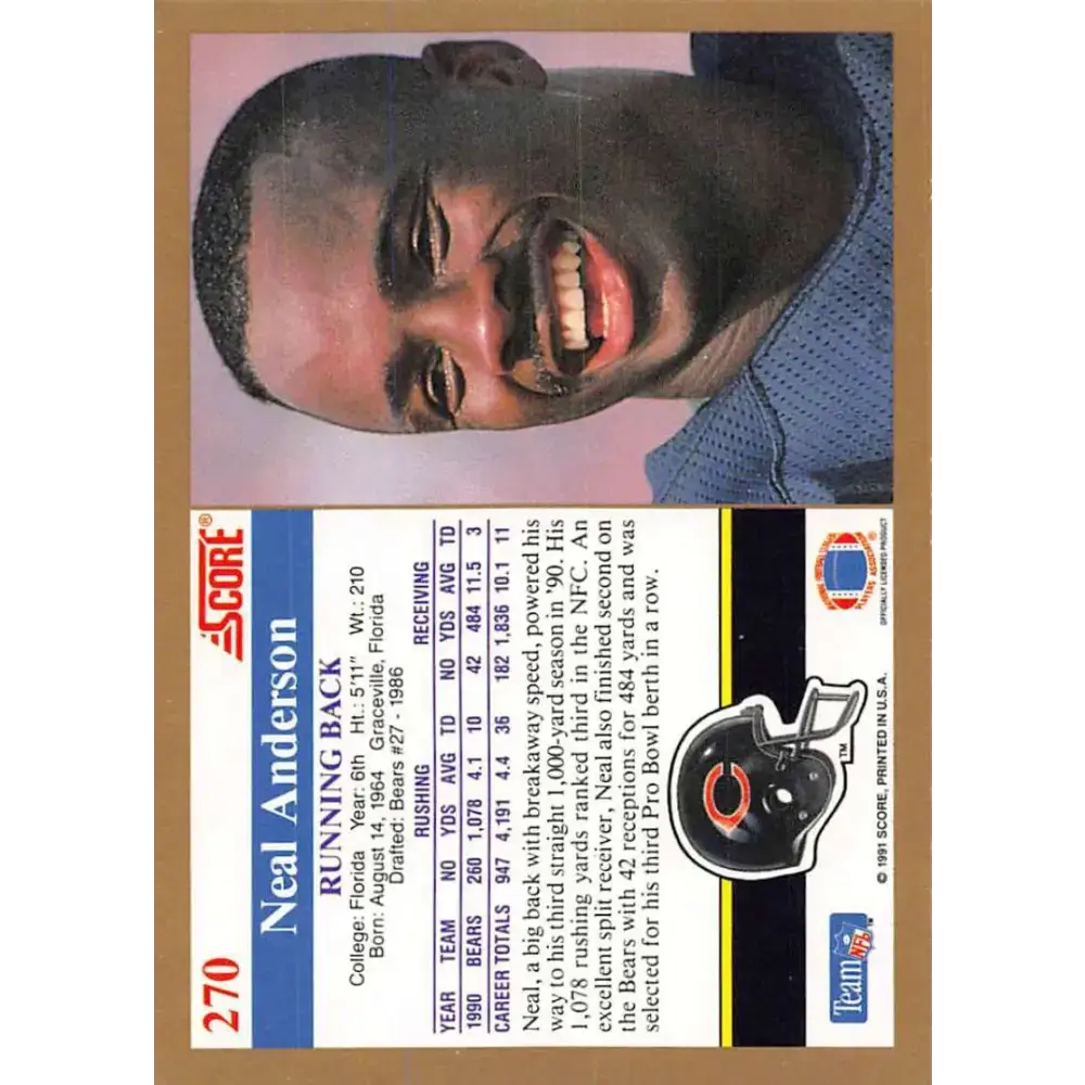 1991 Score #270 Neal Anderson EX Excellent Chicago Bears Football Card - Football Card Single