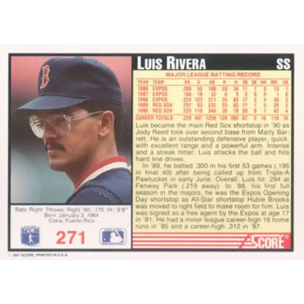 1991 Score #271 Luis Rivera NM-MT Boston Red Sox Baseball Card - Baseball Card Single