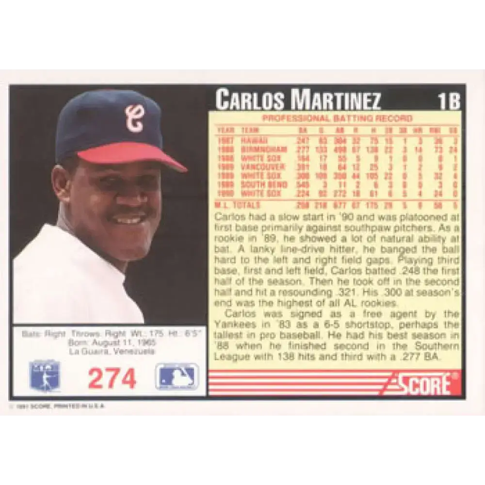 1991 Score #274 Carlos Martinez NM-MT Chicago White Sox Baseball Card - Baseball Card Single