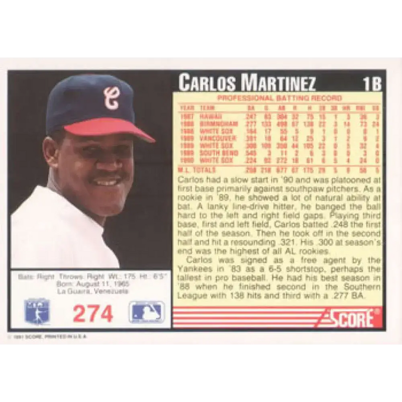 1991 Score #274 Carlos Martinez NM-MT Chicago White Sox Baseball Card - Baseball Card Single