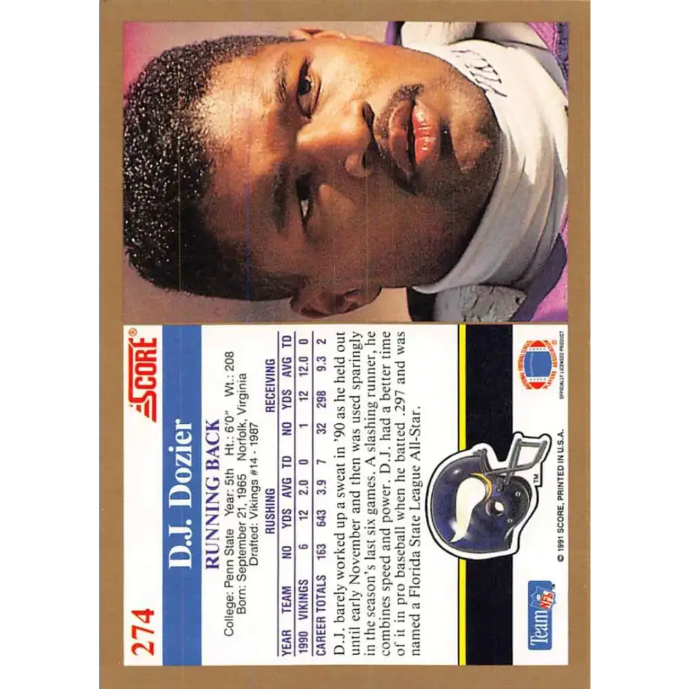 1991 Score #274 D.J. Dozier EX Excellent Minnesota Vikings Football Card - Football Card Single