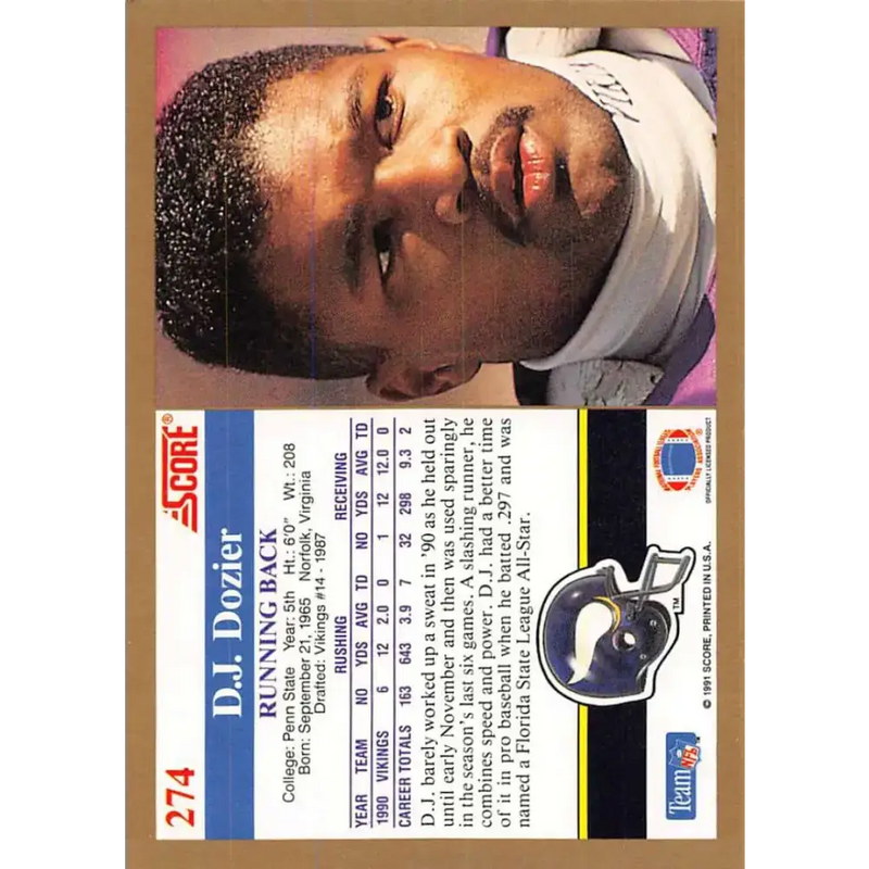 1991 Score #274 D.J. Dozier EX Excellent Minnesota Vikings Football Card - Football Card Single