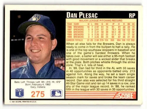 1991 Score #275 Dan Plesac Milwaukee Brewers Baseball Cards EX/NM ID:57501 - Baseball Card Single