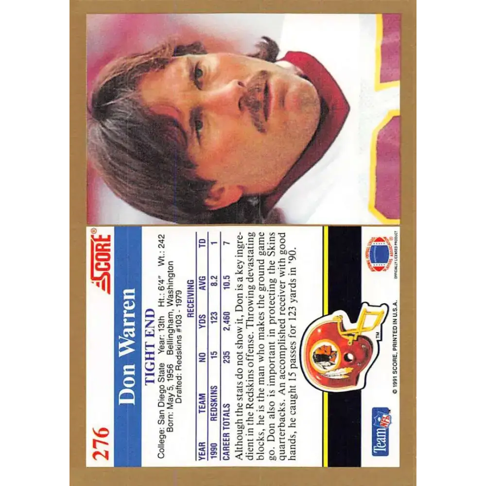1991 Score #276 Don Warren EX Excellent Washington Redskins Football Card - Football Card Single