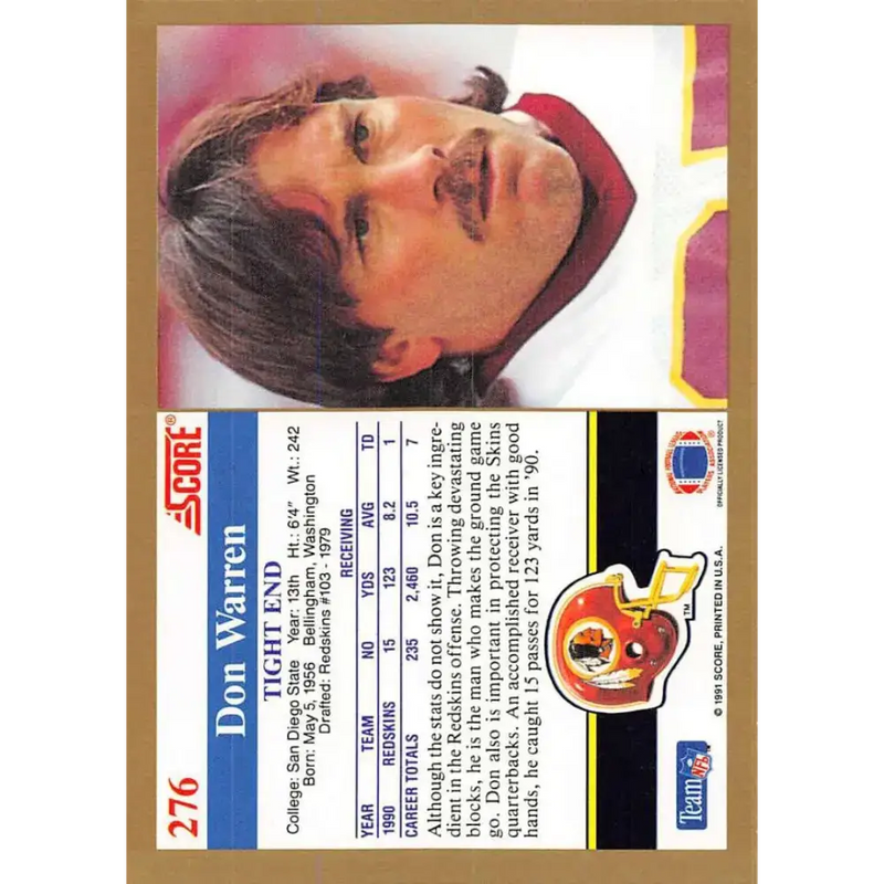 1991 Score #276 Don Warren EX Excellent Washington Redskins Football Card - Football Card Single