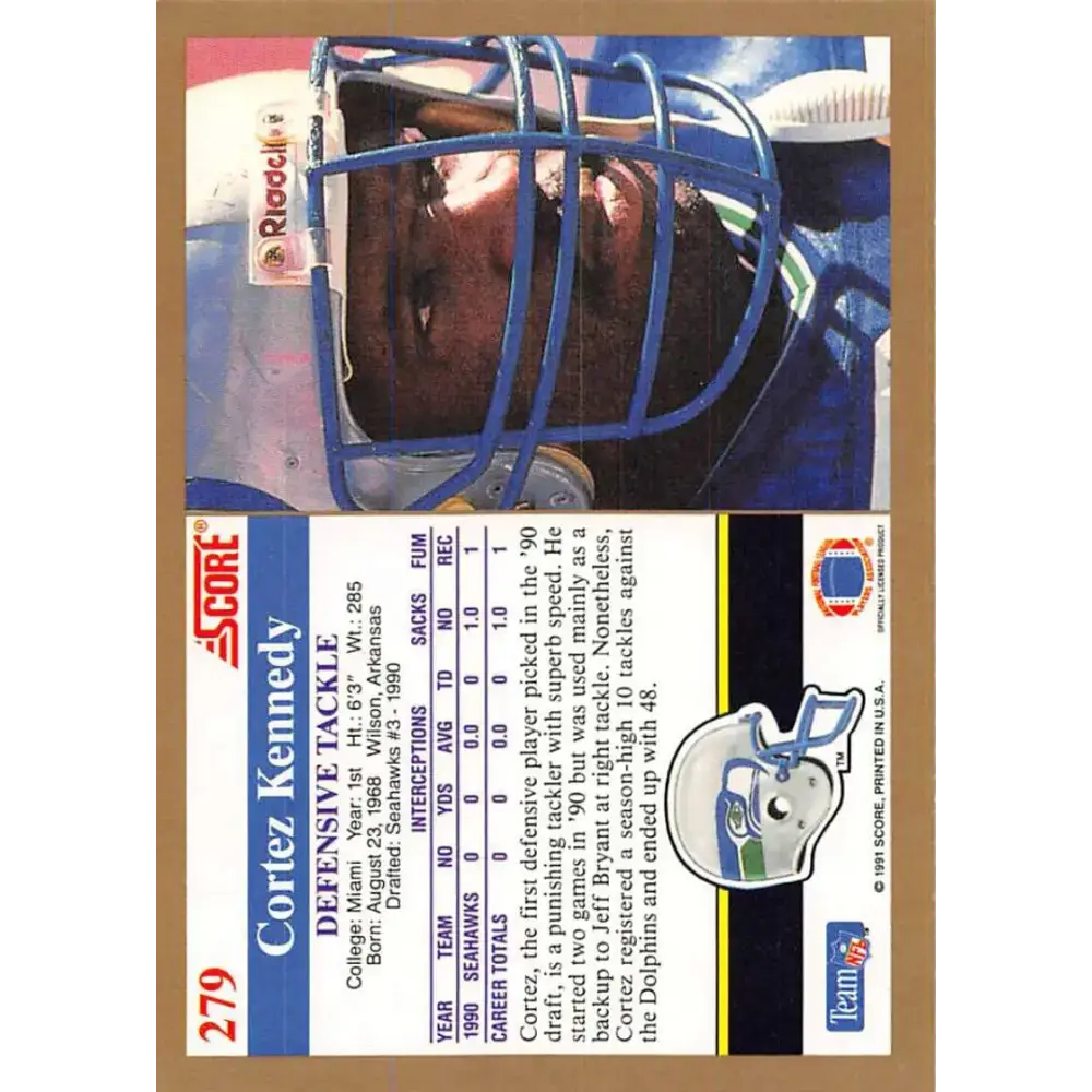 1991 Score #279 Cortez Kennedy EX Excellent Seattle Seahawks Football Card - Football Card Single