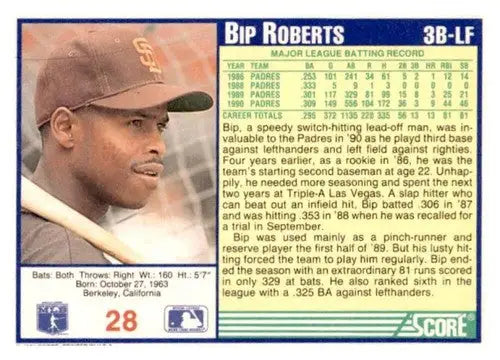 1991 Score #28 Bip Roberts EX/NM - Baseball Card Single