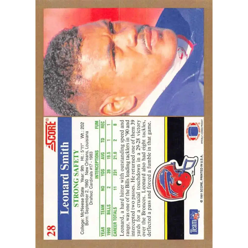 1991 Score #28 Leonard Smith EX Excellent Buffalo Bills Football Card - Football Card Single