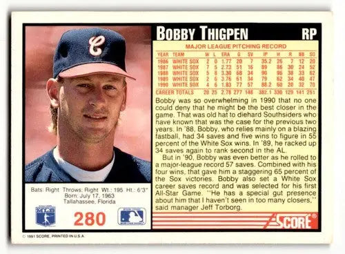 1991 Score #280 Bobby Thigpen Chicago White Sox Baseball Cards EX/NM ID:57495 - Baseball Card Single