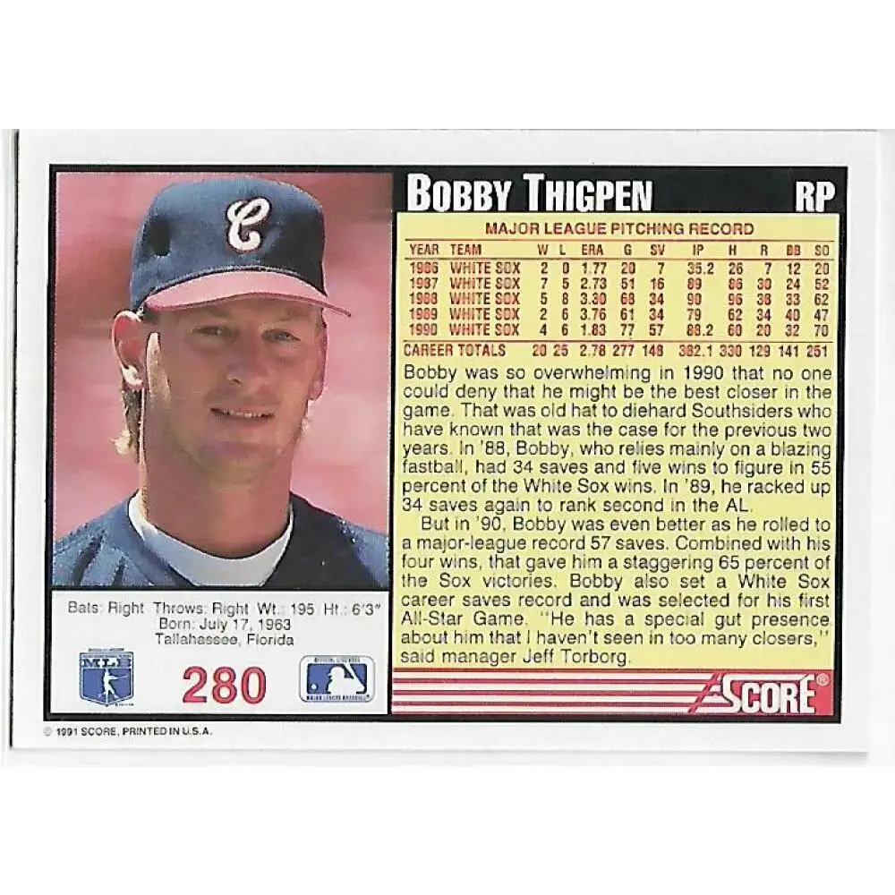 1991 Score #280 Bobby Thigpen NM-MT Chicago White Sox Baseball Card - Baseball Card Single