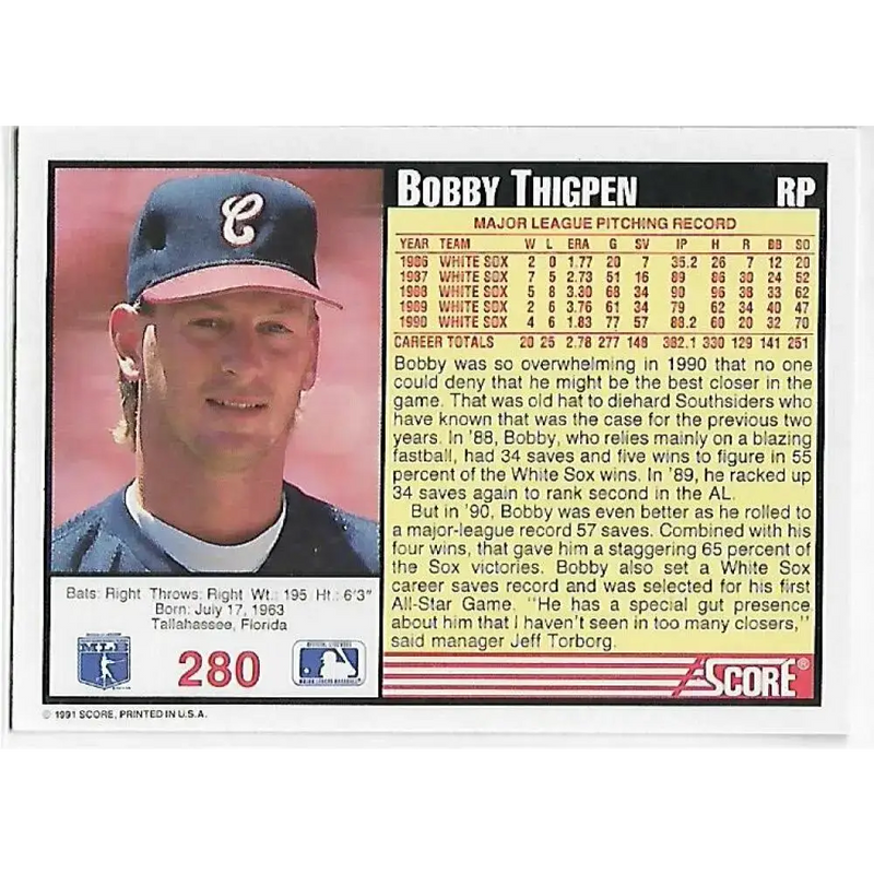 1991 Score #280 Bobby Thigpen NM-MT Chicago White Sox Baseball Card - Baseball Card Single