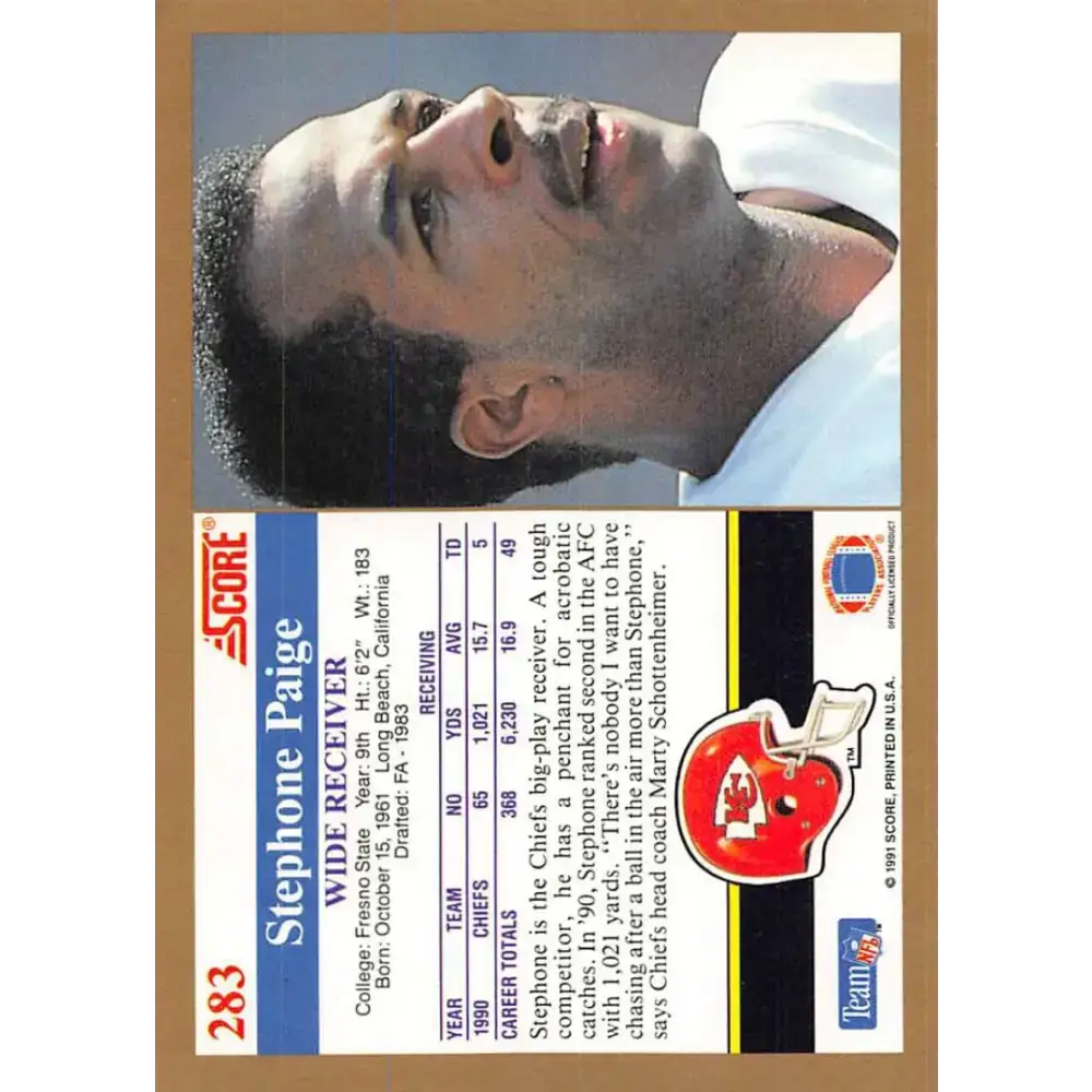 1991 Score #283 Stephone Paige EX Excellent Kansas City Chiefs Football Card - Football Card Single