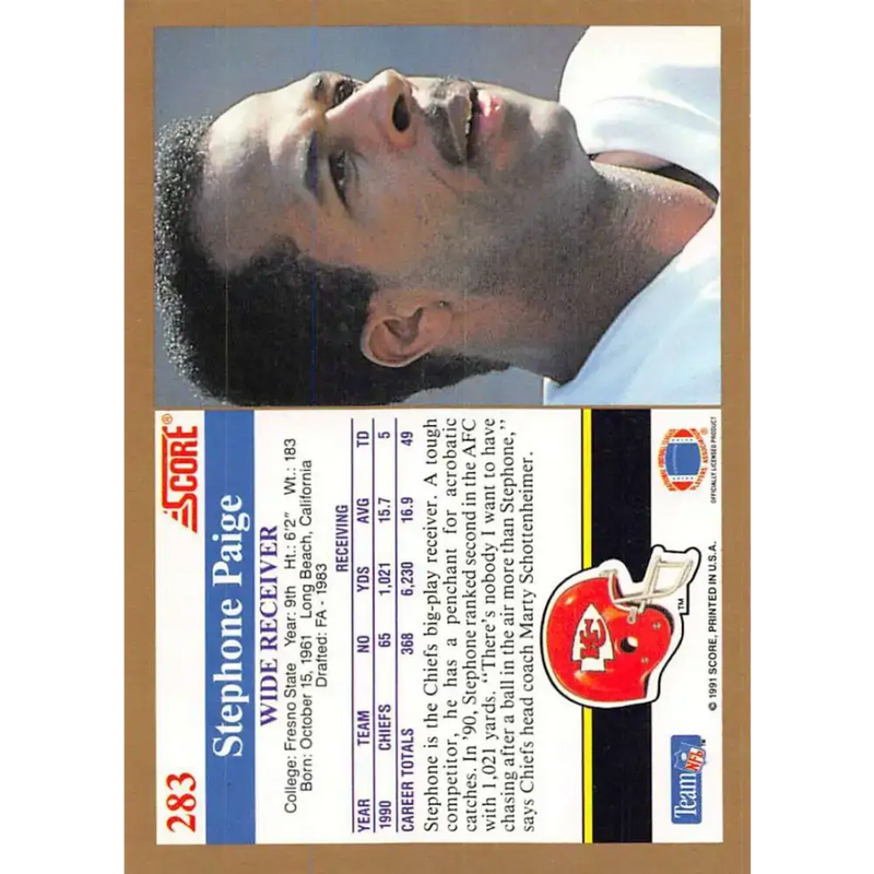 1991 Score #283 Stephone Paige EX Excellent Kansas City Chiefs Football Card - Football Card Single