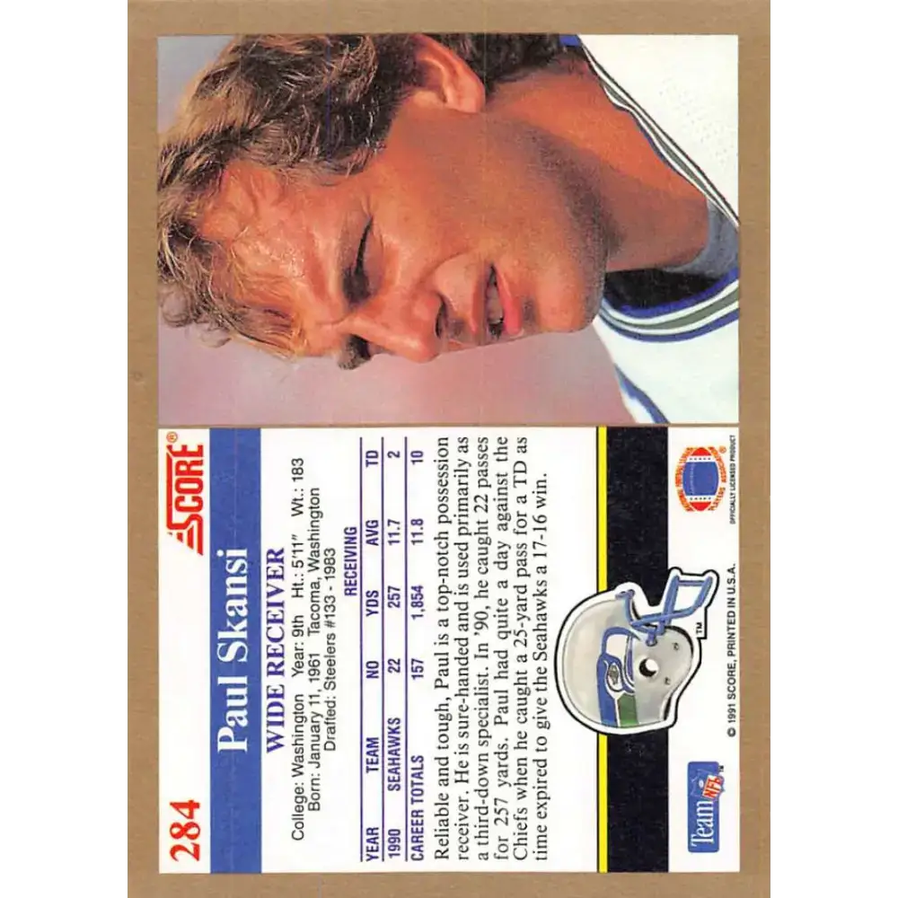 1991 Score #284 Paul Skansi EX Excellent Seattle Seahawks Football Card - Football Card Single