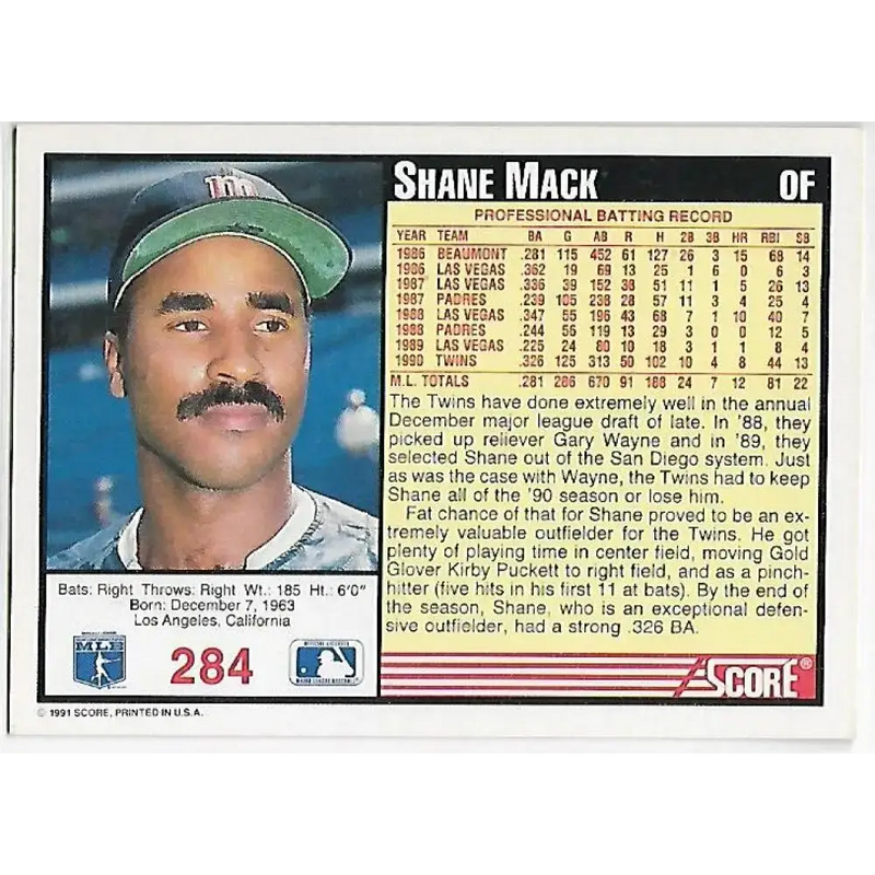 1991 Score #284 Shane Mack NM-MT Minnesota Twins Baseball Card - Baseball Card Single
