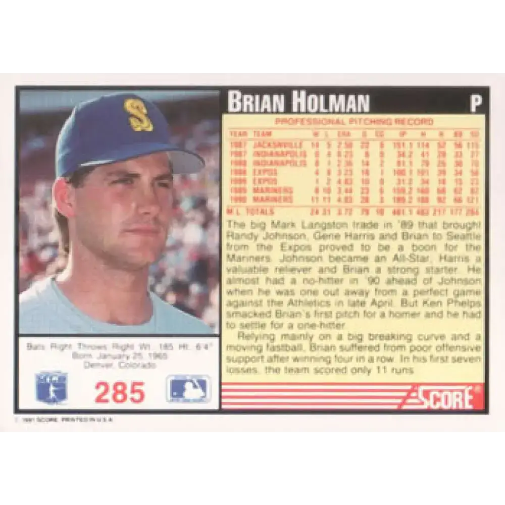 1991 Score #285 Brian Holman NM-MT Seattle Mariners Baseball Card - Baseball Card Single