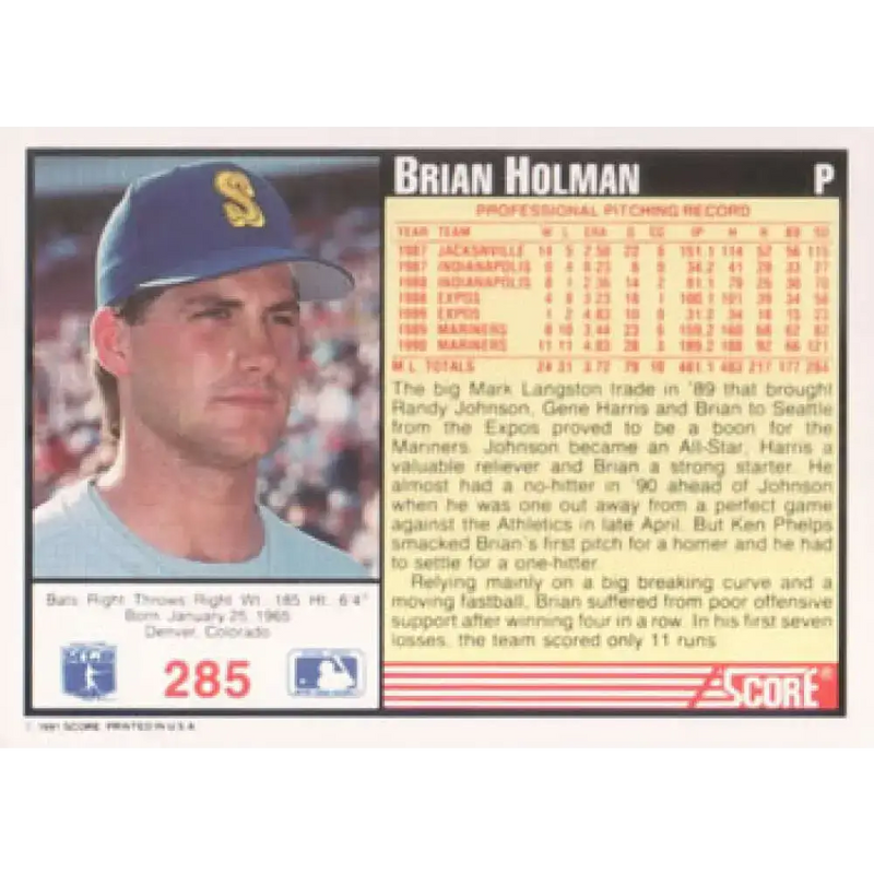 1991 Score #285 Brian Holman NM-MT Seattle Mariners Baseball Card - Baseball Card Single