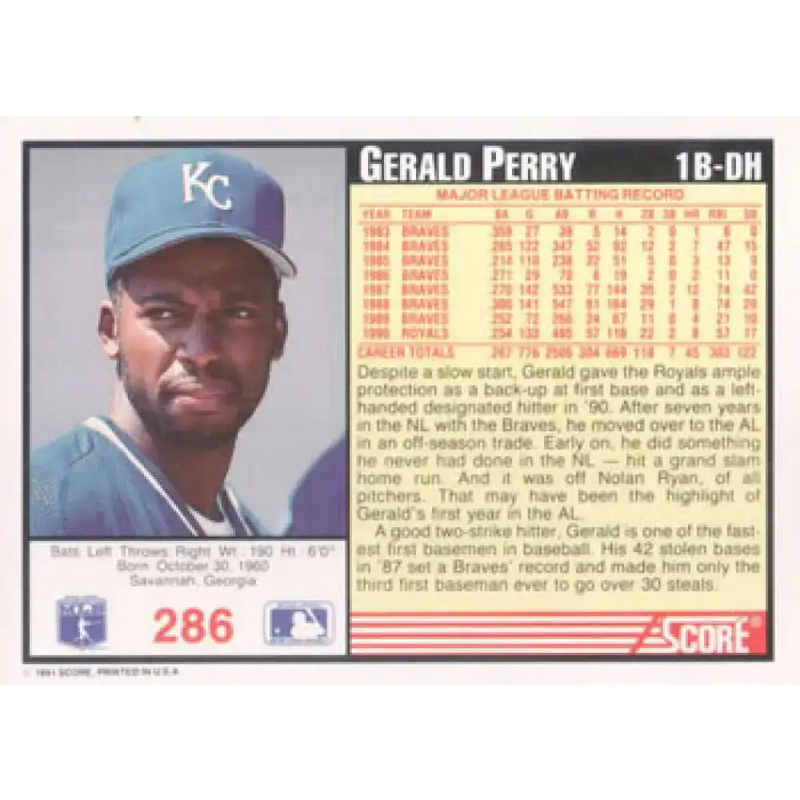 1991 Score #286 Gerald Perry NM-MT Kansas City Royals Baseball Card - Baseball Card Single