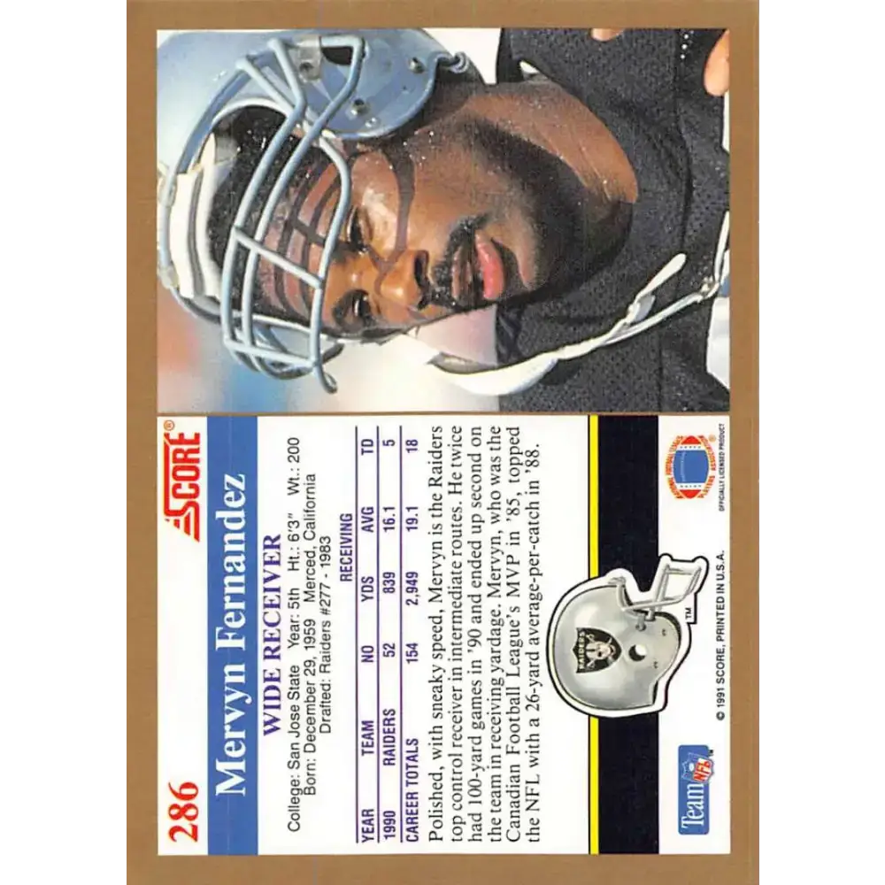 1991 Score #286 Mervyn Fernandez EX Excellent Los Angeles Raiders Football Card - Football Card Single