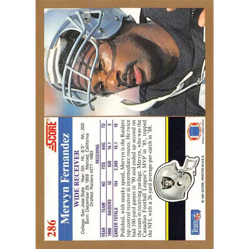 1991 Score #286 Mervyn Fernandez EX Excellent Los Angeles Raiders Football Card - Football Card Single