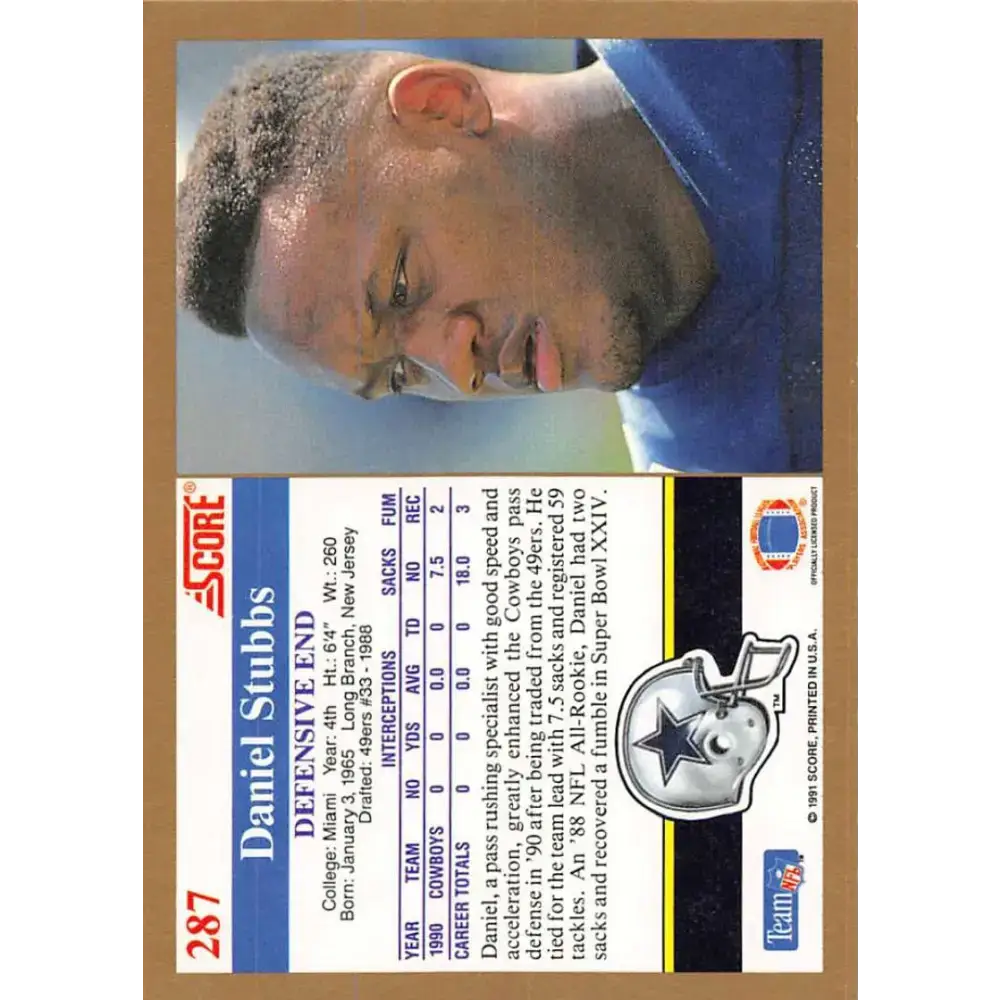 1991 Score #287 Daniel Stubbs EX Excellent Dallas Cowboys Football Card - Football Card Single
