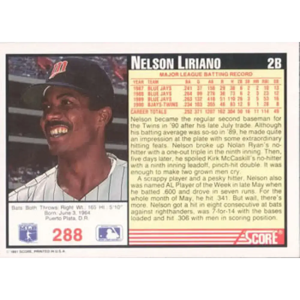 1991 Score #288 Nelson Liriano NM-MT Minnesota Twins Baseball Card - Baseball Card Single