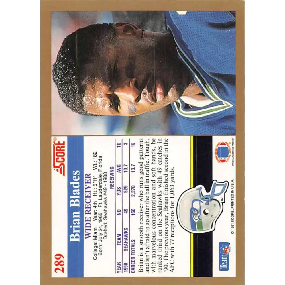 1991 Score #289 Brian Blades EX Excellent Seattle Seahawks Football Card - Football Card Single