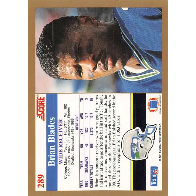 1991 Score #289 Brian Blades EX Excellent Seattle Seahawks Football Card - Football Card Single